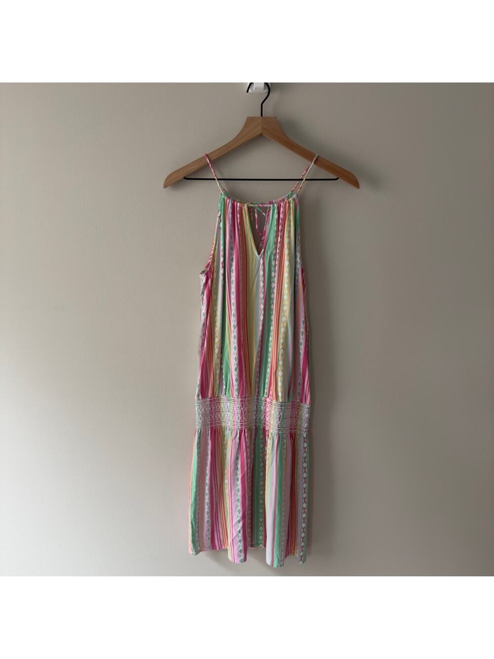 Southern Tide Smocked Waist Mini Dress Colorful spaghetti strap tie bow keyhole